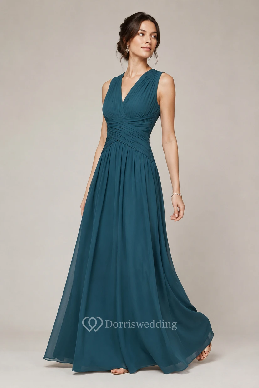 Sleeveless Chiffon V-Neck Dress With Crisscross Ruching view 46