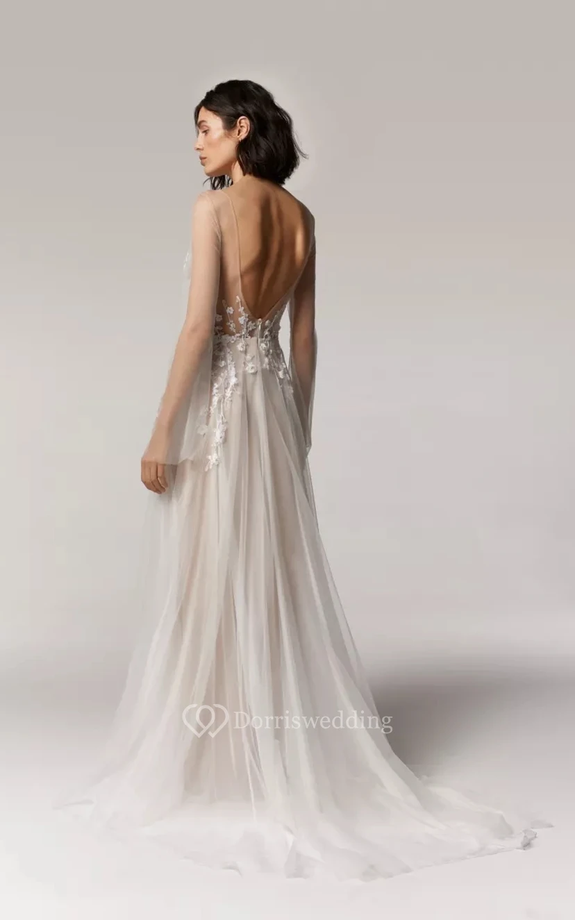 Fließendes, ätherisches A-Linien-Brautkleid aus Tüllspitze mit Applikationen und langen Ärmeln view 2