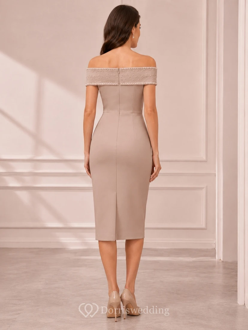 Elegant Taupe Off Shoulder Beaded Sheath Knee Length Cocktail Dress view 2