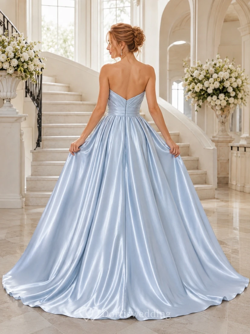 Sky Blue Romantic Luxury Strapless Sleeveless Satin Pleated Ball-Gown Floor-Length Evening Dress view 2