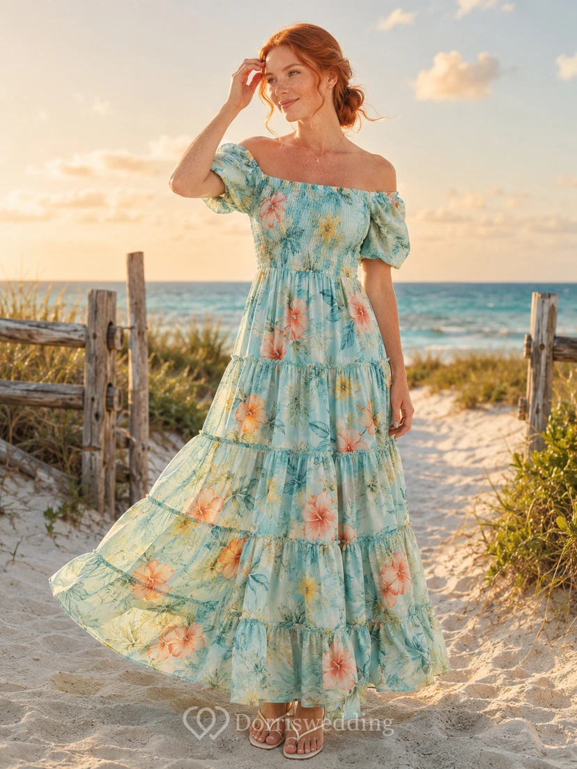Aqua Caribbean Floral Off Shoulder Tiered Chiffon Maxi Guest Dress