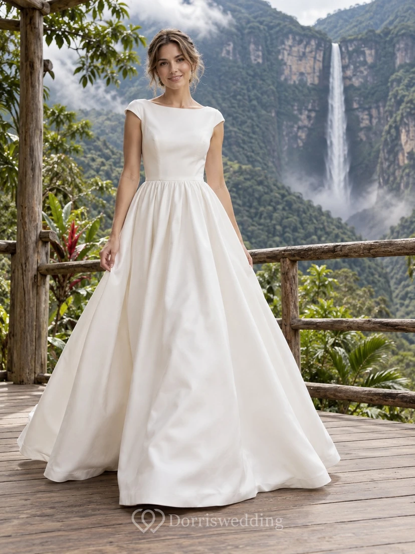Vestido de novia de satén con escote barco, mangas cortas, cintura fruncida y falda en línea A.