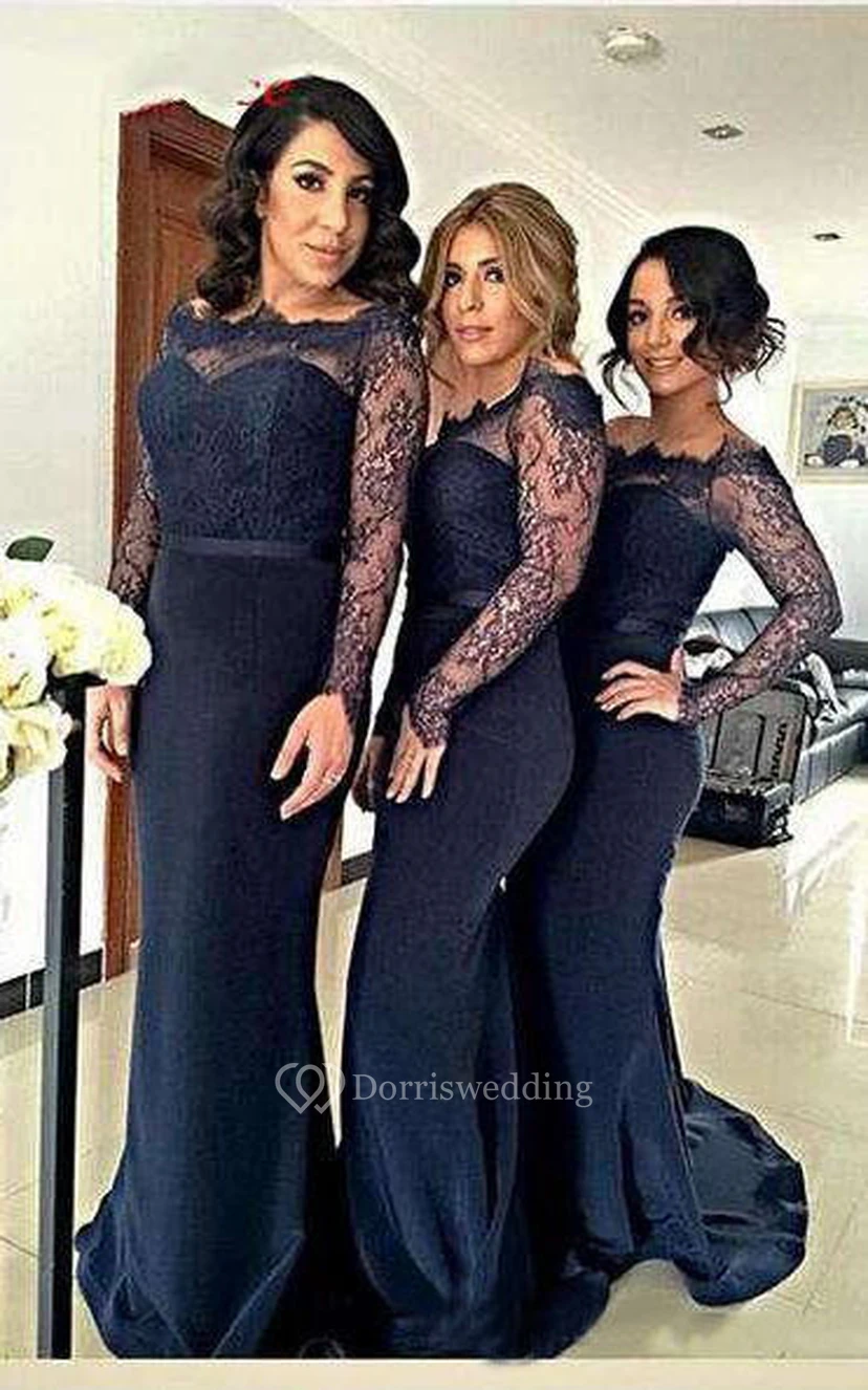 Mermaid Long Sleeve Bell Illusion Brush Train Zipper Chiffon Lace Dress