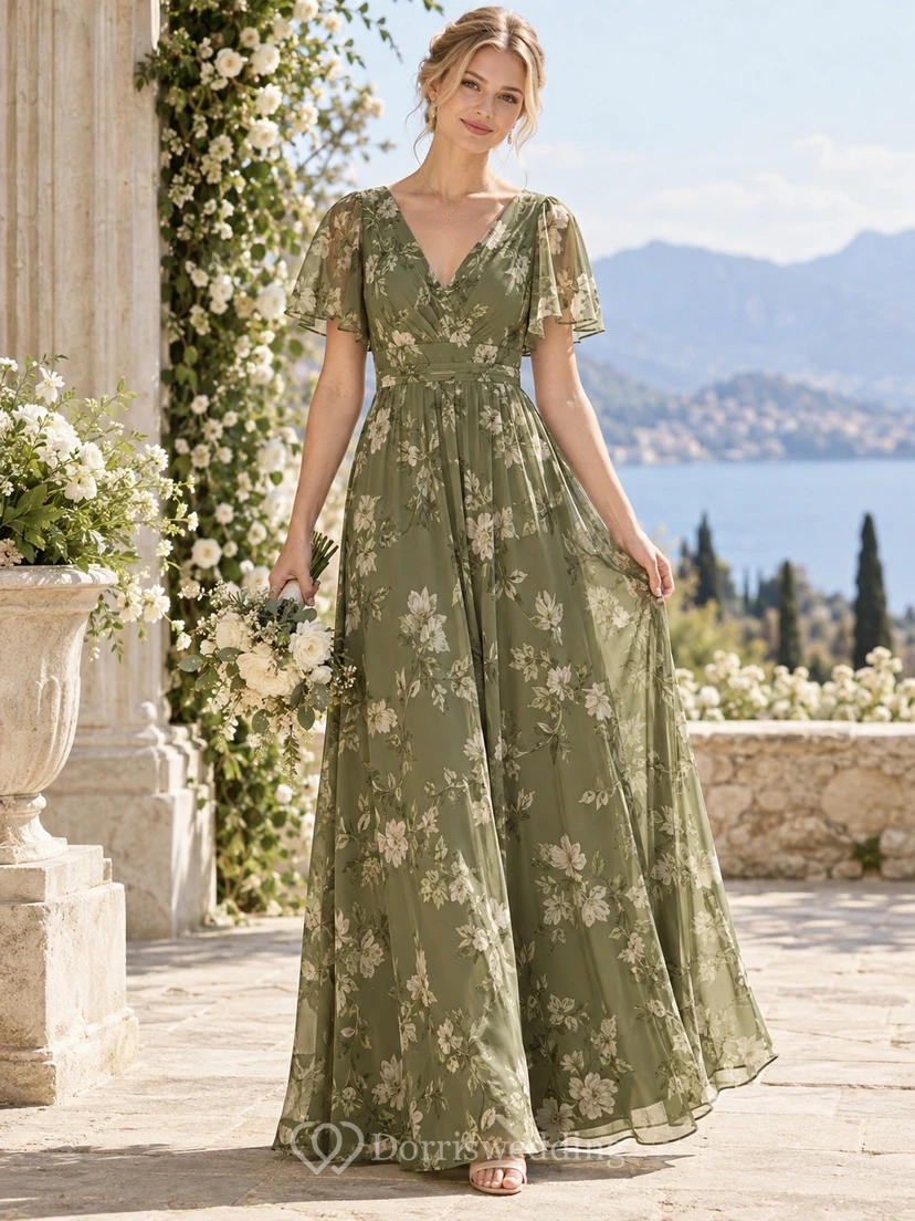 Dunkelgrünes, olivgrünes Chiffon-Brautjungfernkleid mit Blumenmuster, eckigem Ausschnitt, flatternden Ärmeln und bodenlanger Länge