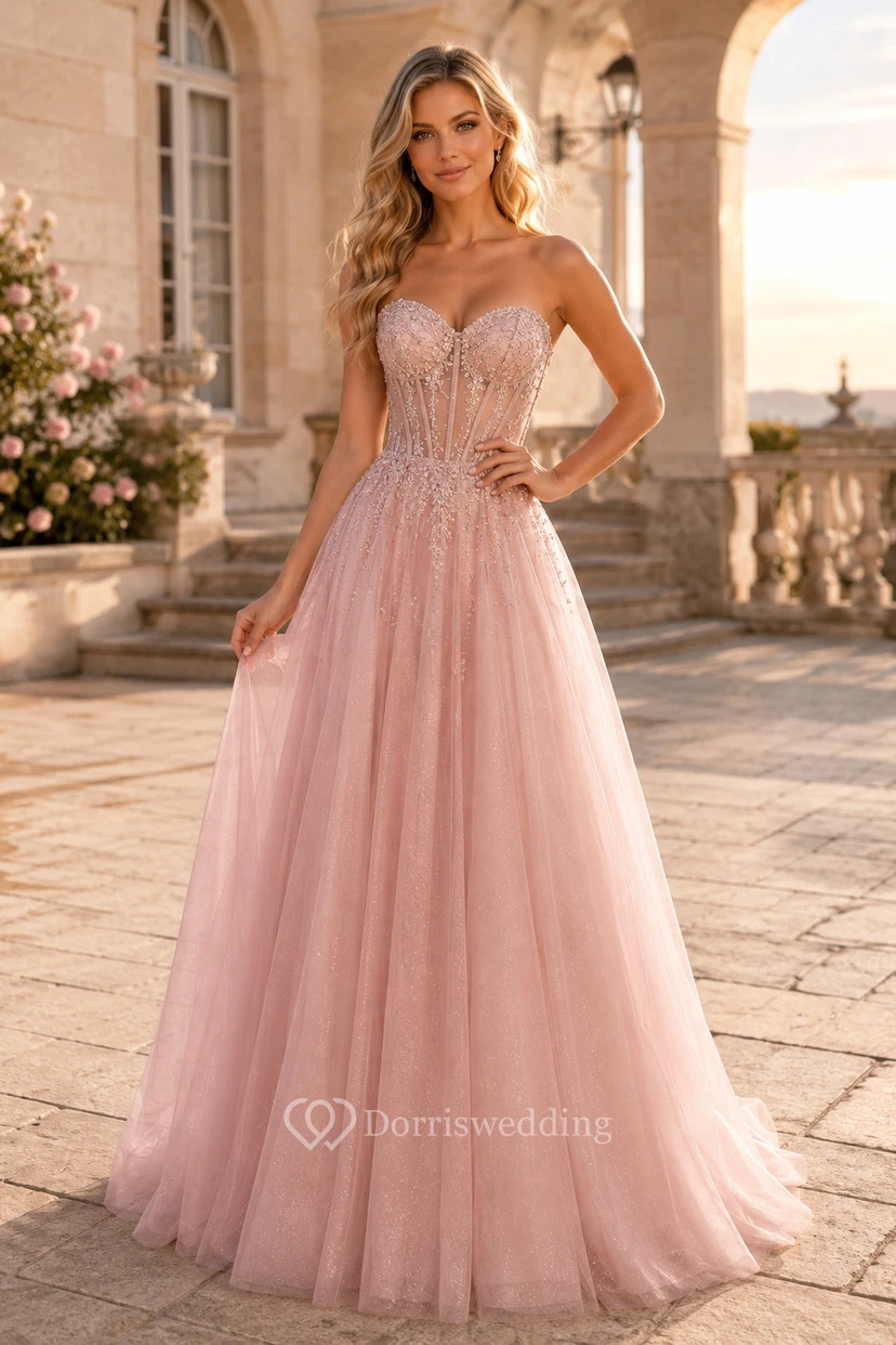 Prom Dress Blush Tulle A-Line Sweetheart Sleeveless Beaded Floor Length
