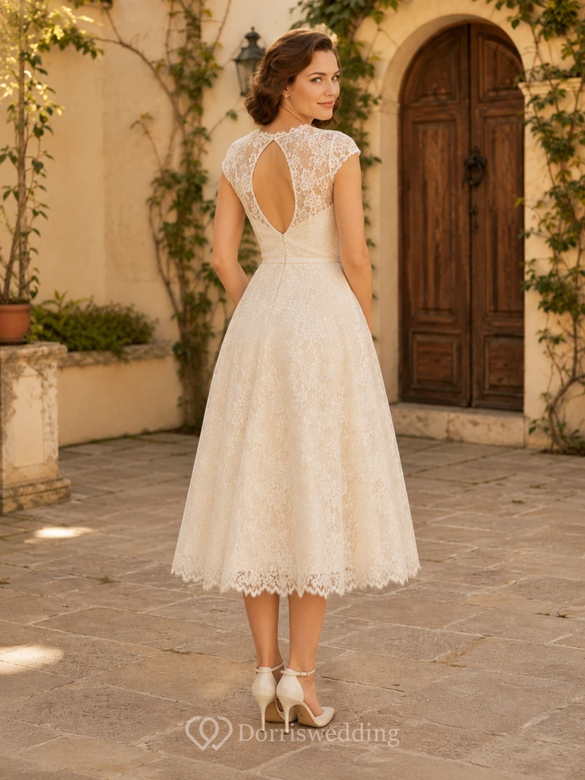 Robe de mariée vintage illusion en dentelle bateau, manches courtes, coupe trapèze, longueur thé, dos nu en forme de goutte, idéale pour une fugue amoureuse view 2