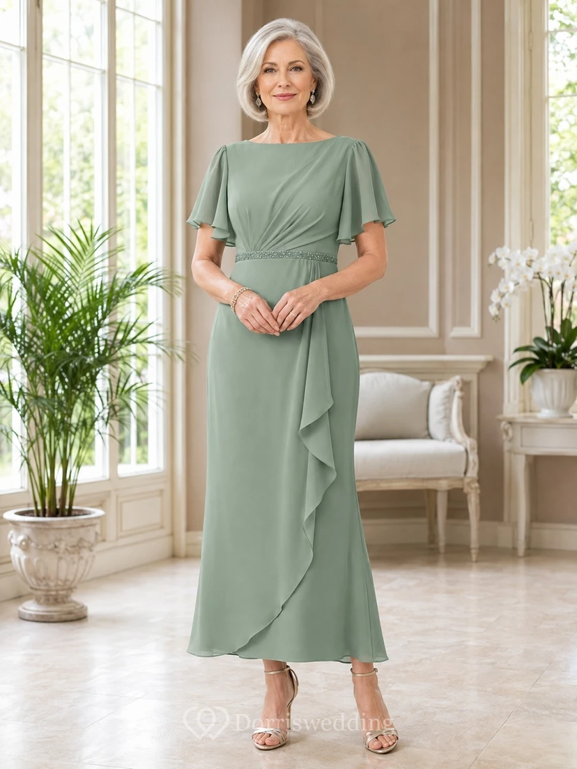Salbeigrünes Chiffon-Kleid mit kurzen Ärmeln, V-Ausschnitt, drapierter A-Linien-Schnitt und Knöchellänge – perfekt für Mütter