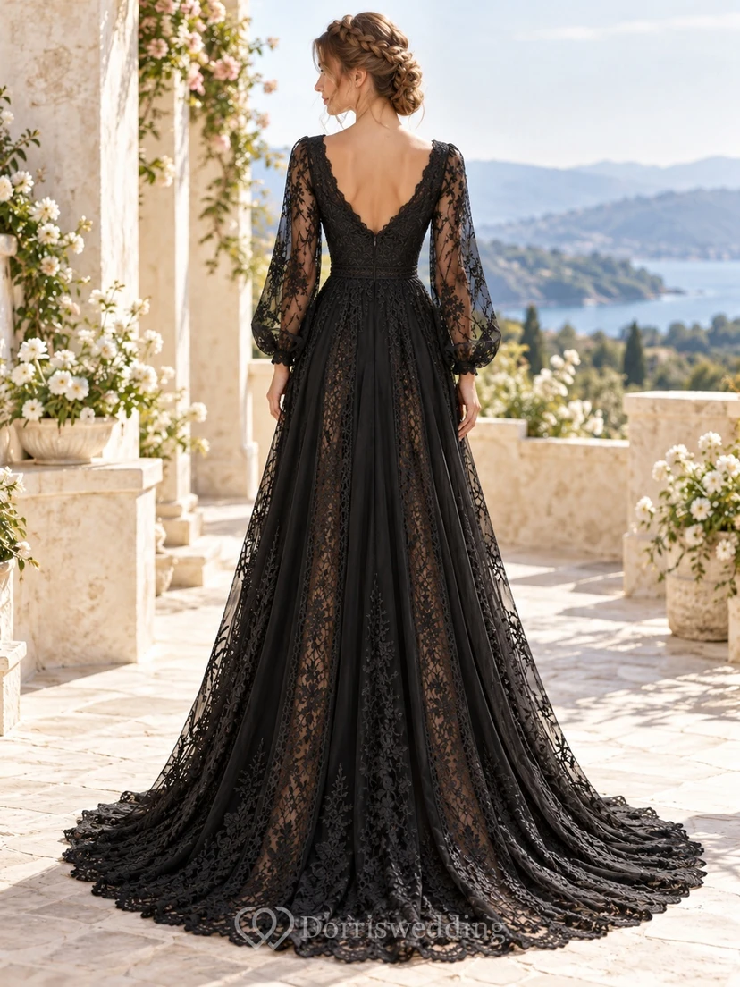 Black Long Poet Sleeve V-Neck Lace Split Bridal Wedding Dress view 2
