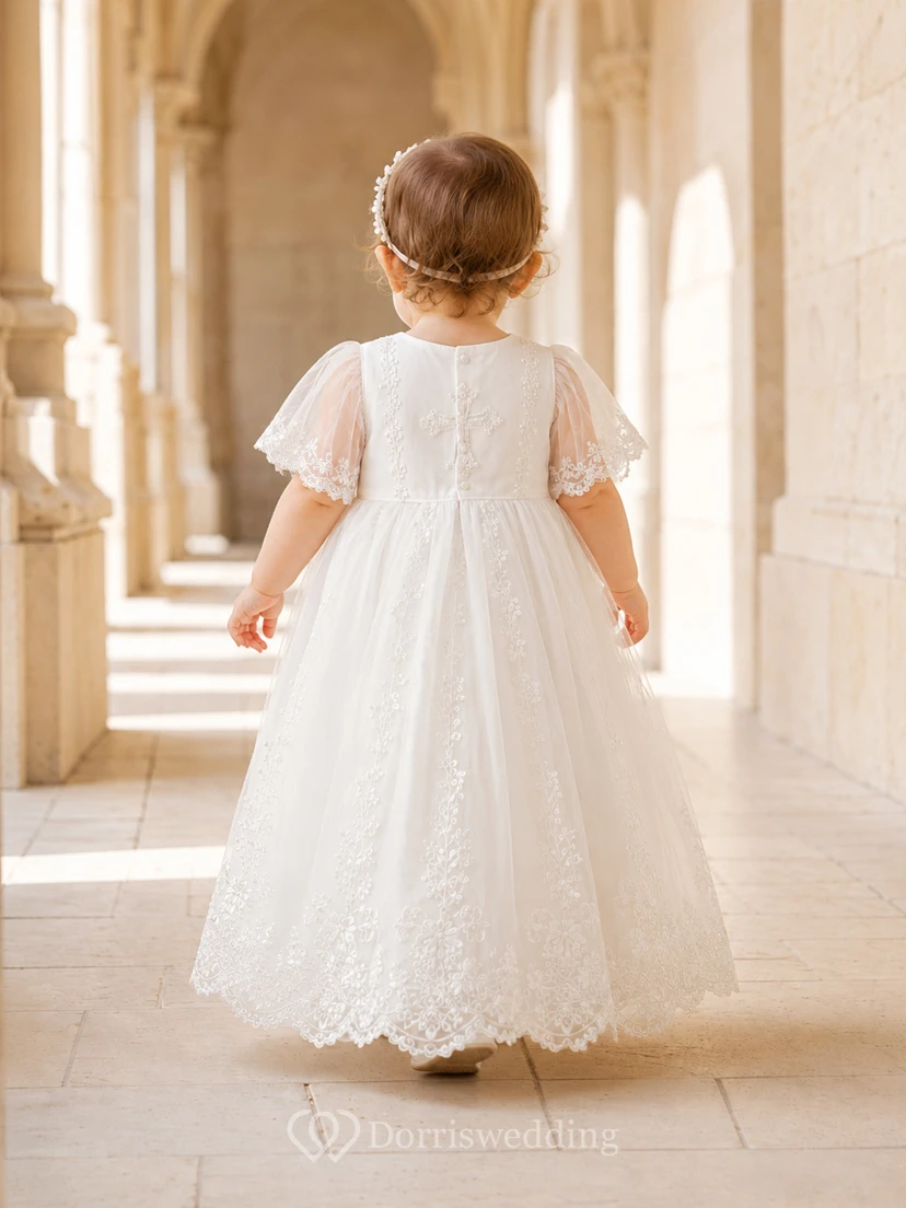 Cross Embroidered Baptism Dress A-Line Tulle Lace Jewel Neck Tea-Length