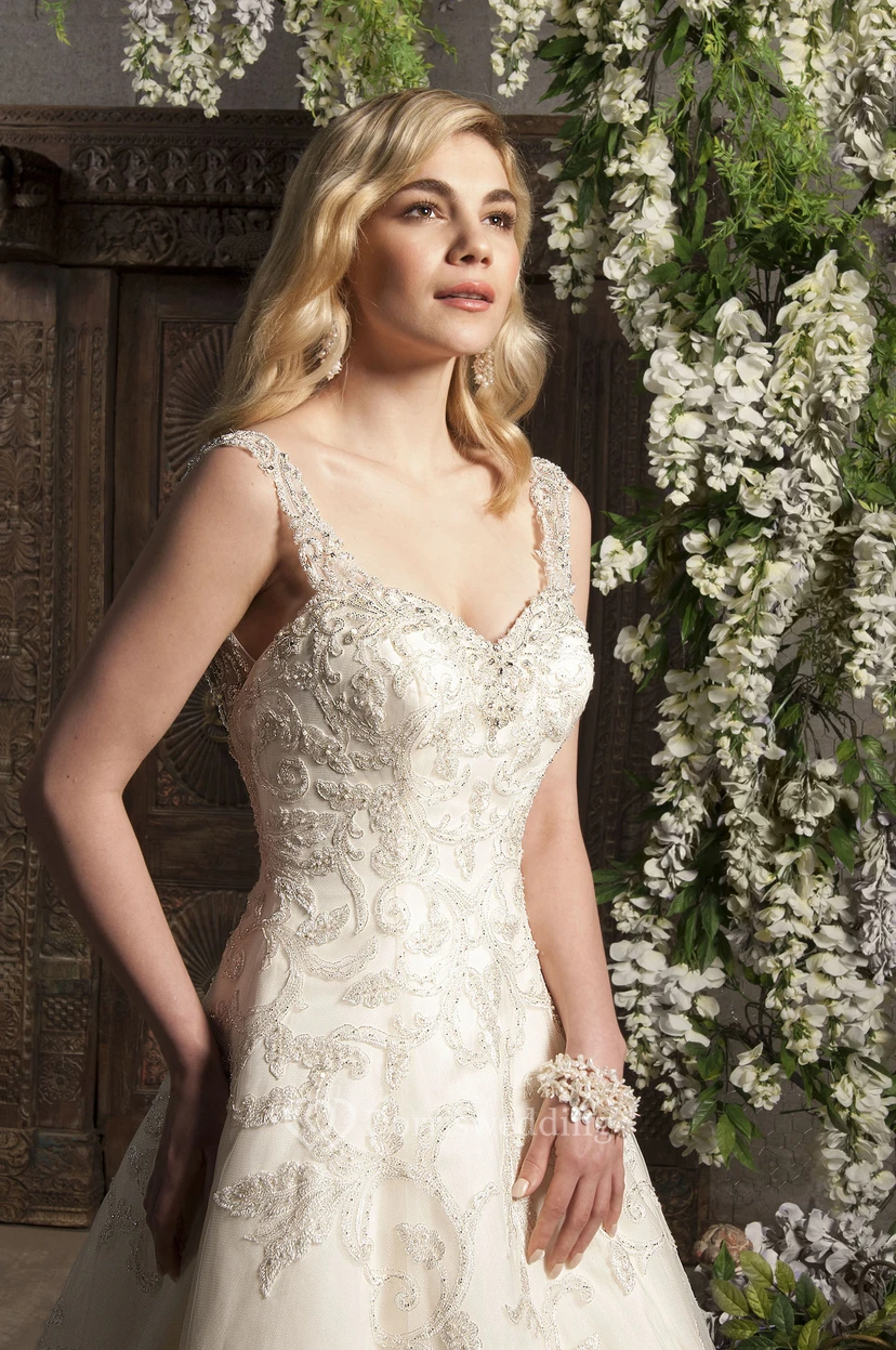 A-Line Maxi V-Neck Beaded Sleeveless Lace Wedding Dress view 3