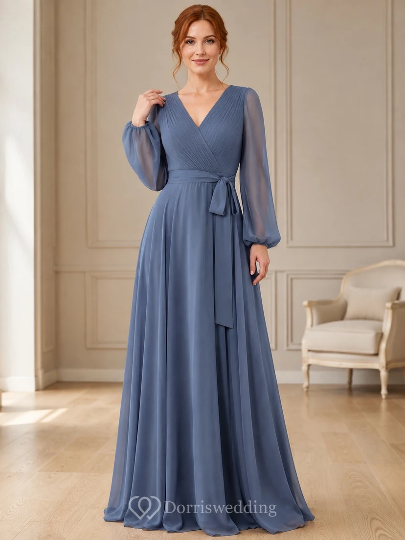 Slate Blue V-neck Long Sleeve A-Line Floor-length Elegant Maxi Dress