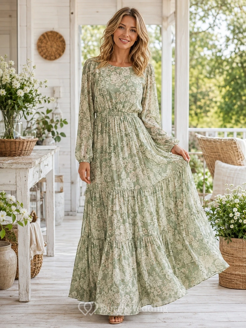 Salbeigrünes, geblümtes Chiffon-Maxikleid mit langen Ärmeln und Stufenrock