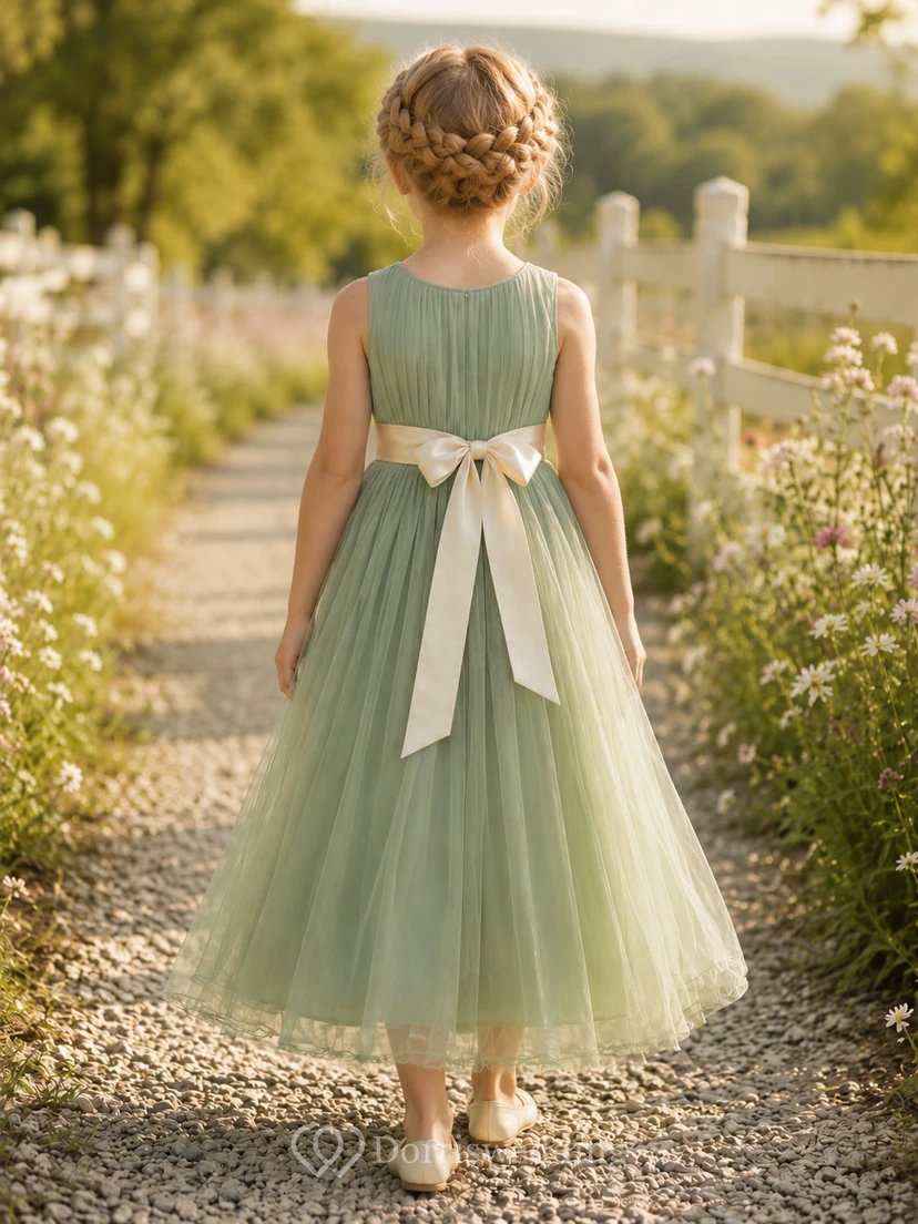 Flower Girl Dress Sage Tulle A-Line Jewel Neck Tea Length Bow Back view 2