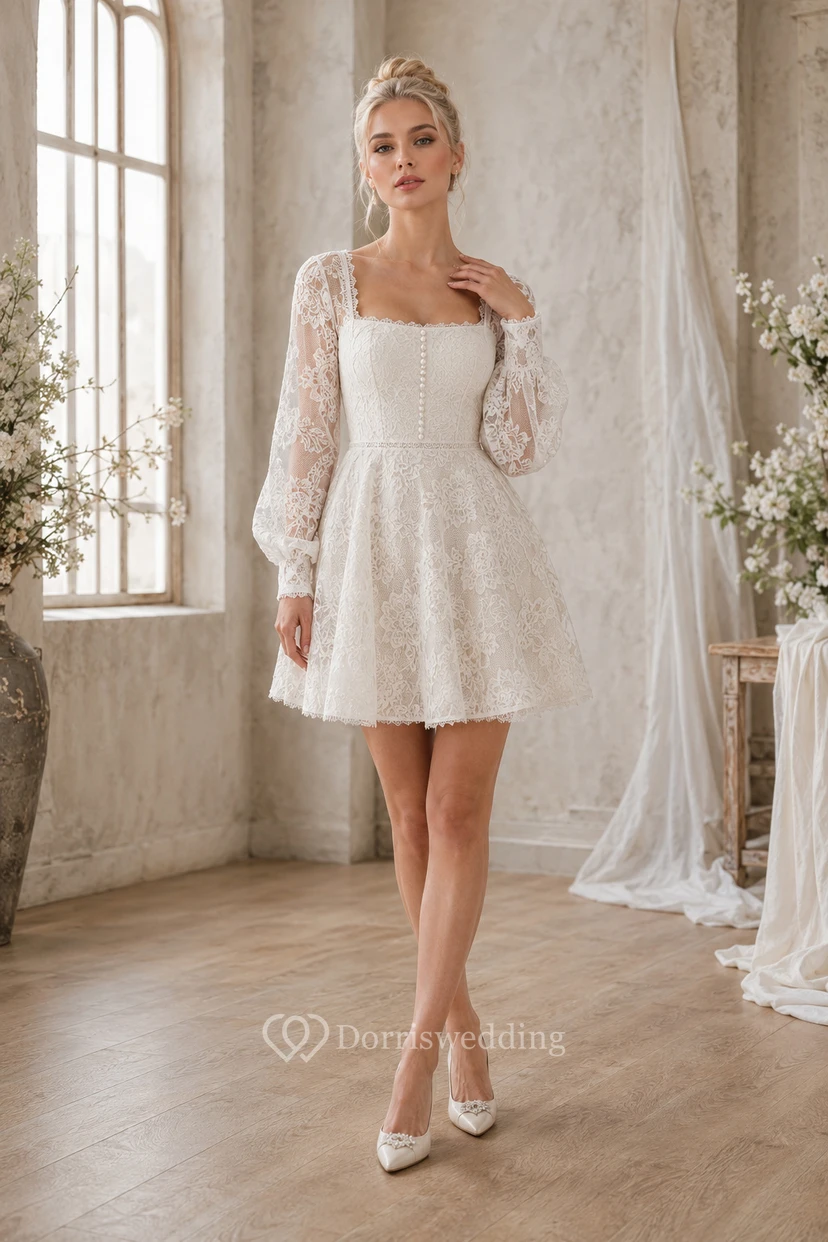 Square Neck Lace Sleeve Mini Wedding Dress
