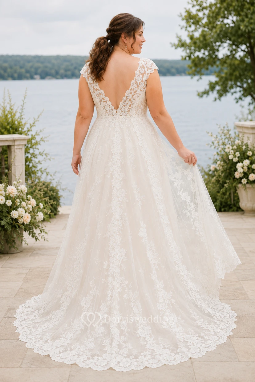 Plus Size V-Neck Lace A-Line Wedding Dress with Straps and Chapel Train view 2