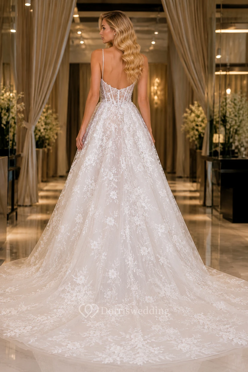 Vestido de novia de gala con tirantes finos, encaje y falda de tul. view 2