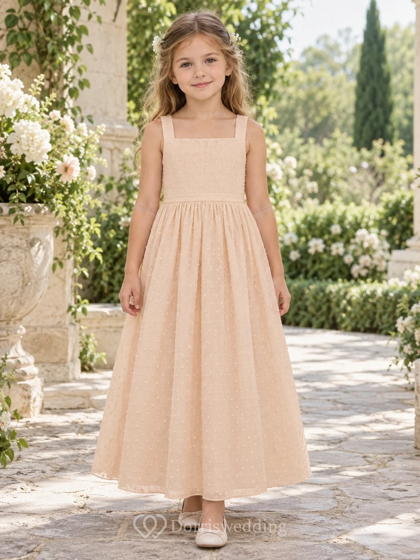 Square Neck Apricot Sleeveless Swiss Dot Cotton A-line Flower Girl Dress