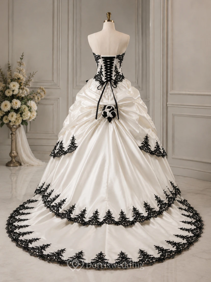 Ball Gown Taffeta Strapless Sleeveless Court Train Princess Wedding Dress with Beading Cascading Ruffles and Tiers view 8