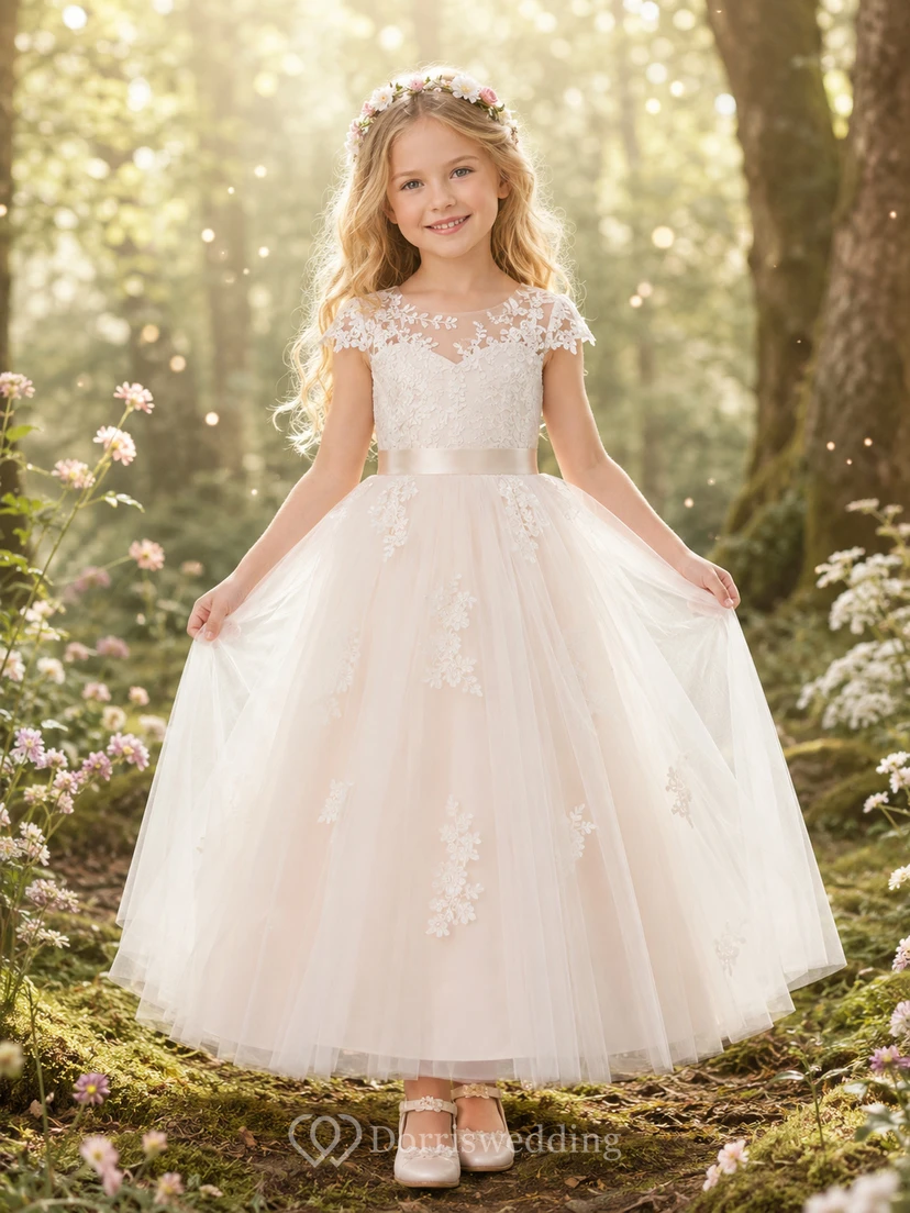 Blumenmädchenkleid, elfenbeinfarben, Spitze, Tüll, A-Linie, kurze Ärmel, Rundhalsausschnitt, Teelänge