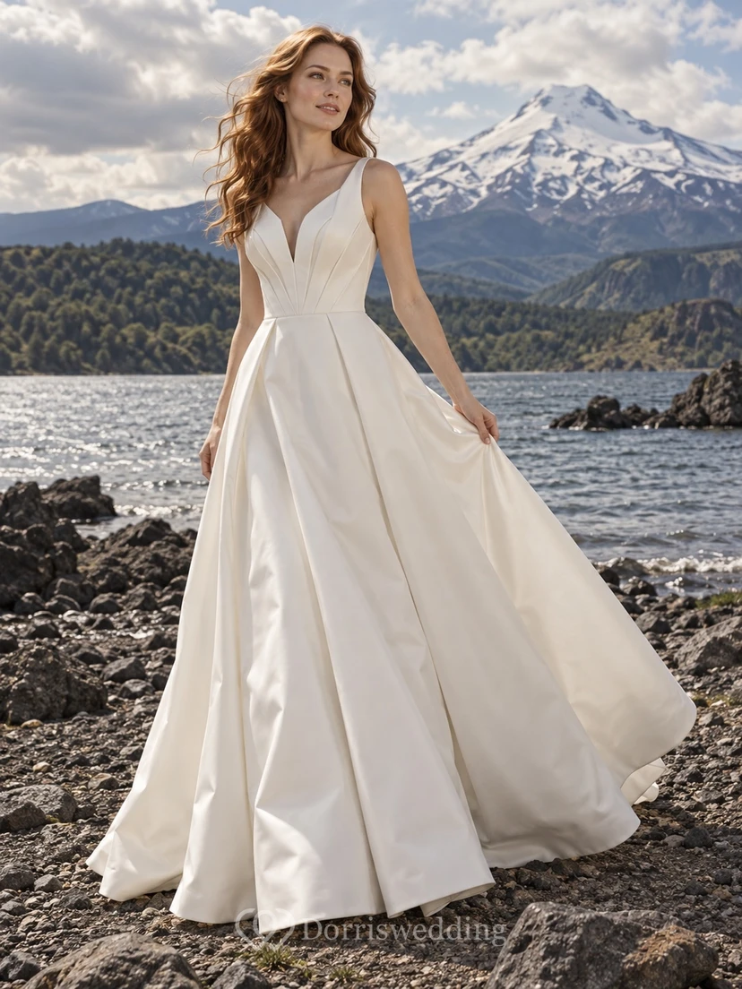 Vestido de novia sencillo de corte A, sin mangas, de satén de algodón con escote en V y falda plisada.