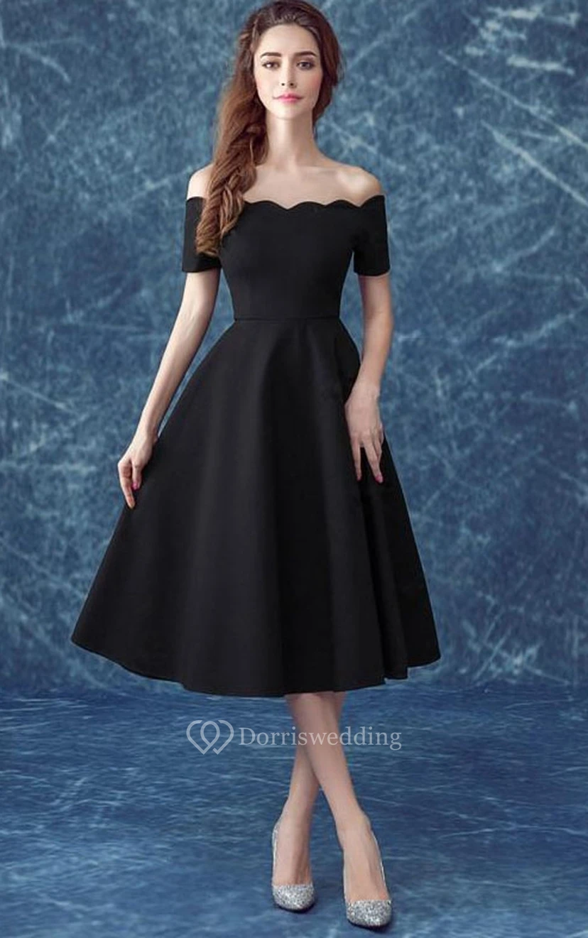 Casual Off the Shoulder Short Sleeves Tea-Length Cocktail Dress