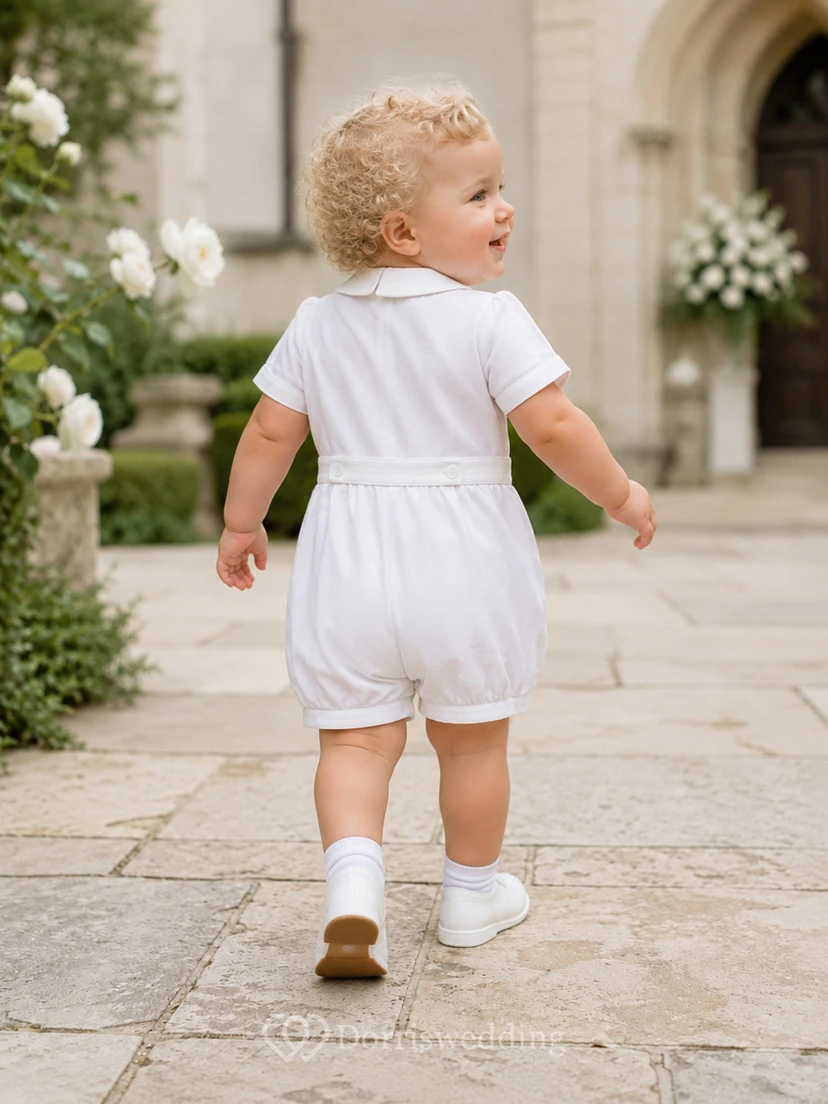 White Pintuck Sailor Collar Short Sleeve Christening Baby Romper for Baby Boy view 2