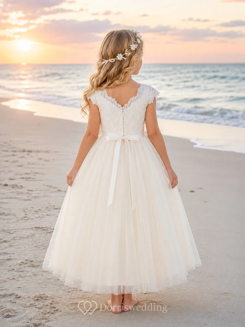Strandkleid für Blumenmädchen aus Tüll in A-Linie mit Spitzenoberteil, kurzen Ärmeln, V-Ausschnitt, wadenlangem Rock und Schärpenverzierung view 2