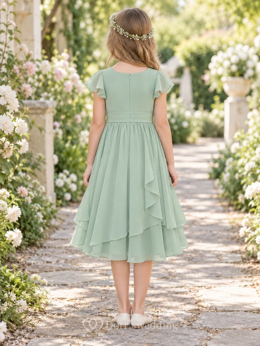 Tea-length Celadon Bateau Flutter Sleeve Layered Chiffon A-line Flower Girl Dress view 2
