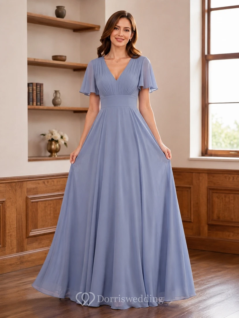 Blue V-Neck Short Sleeve Chiffon A-Line Gown Classic