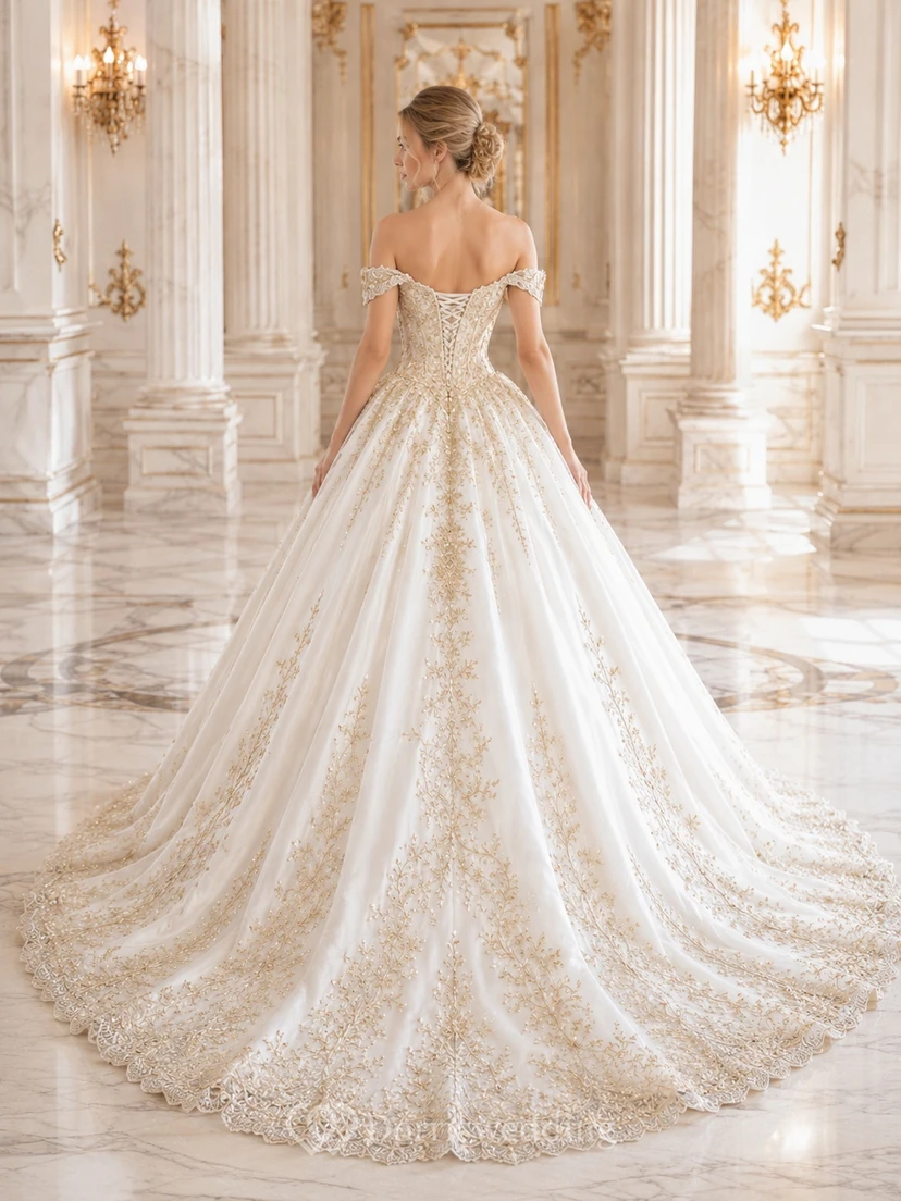 Goldener Palast Blütenblätter Ballkleid Brautkleid schulterfrei Kurzarm bodenlang Kathedralenschleppe Luxuskleid view 2