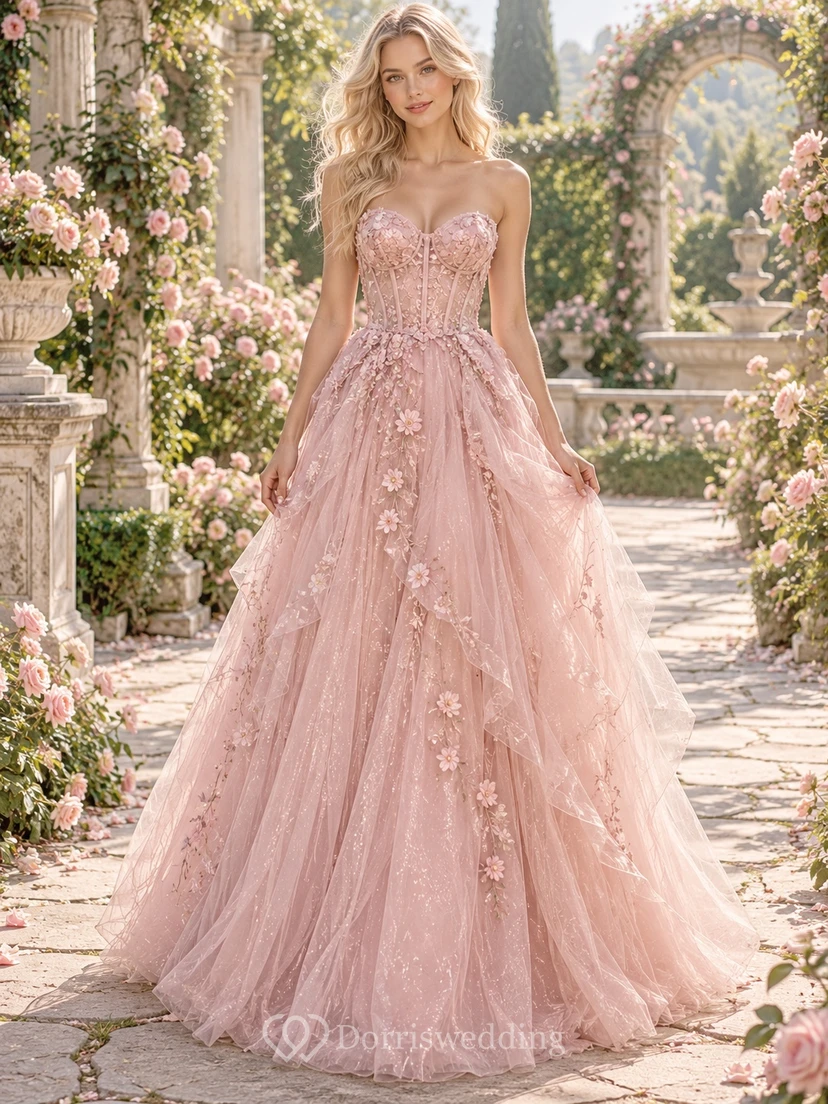Fairy Blush Strapless Sweetheart Floral Applique Tulle A-line Evening Gown
