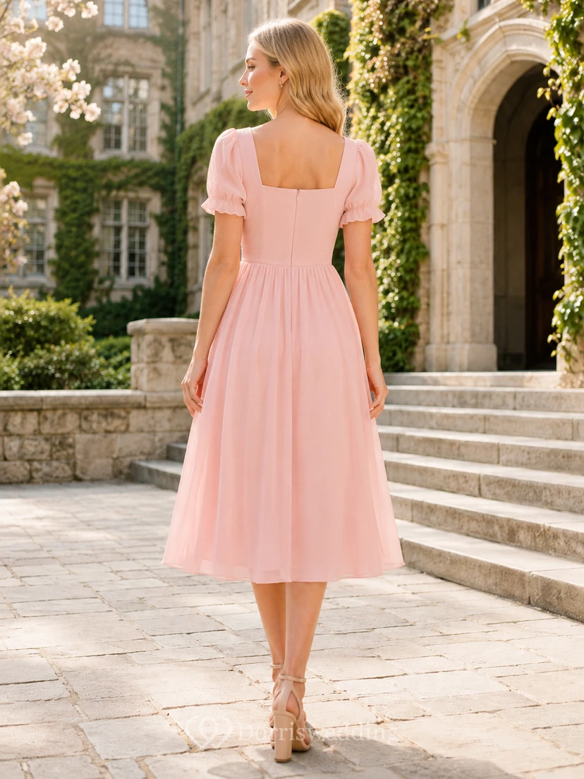 Blush Tulle Square Neck Puff Sleeve Tea-length Dress view 2