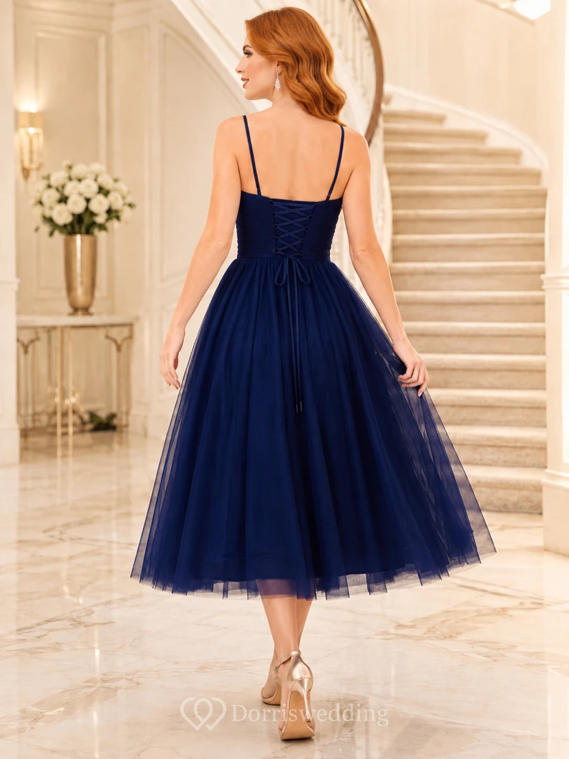 Dark Navy Lace-up Back Tulle Midi Dress view 2