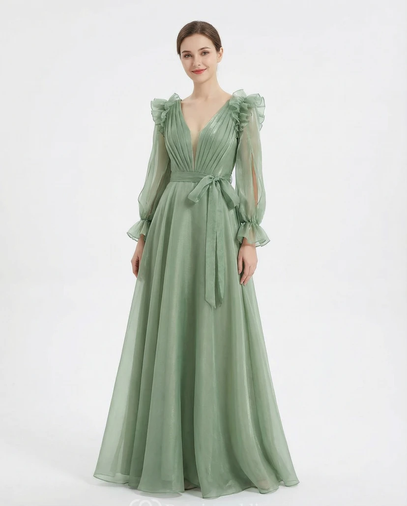 Puff Sleeve Chiffon Satin Dress with Bow