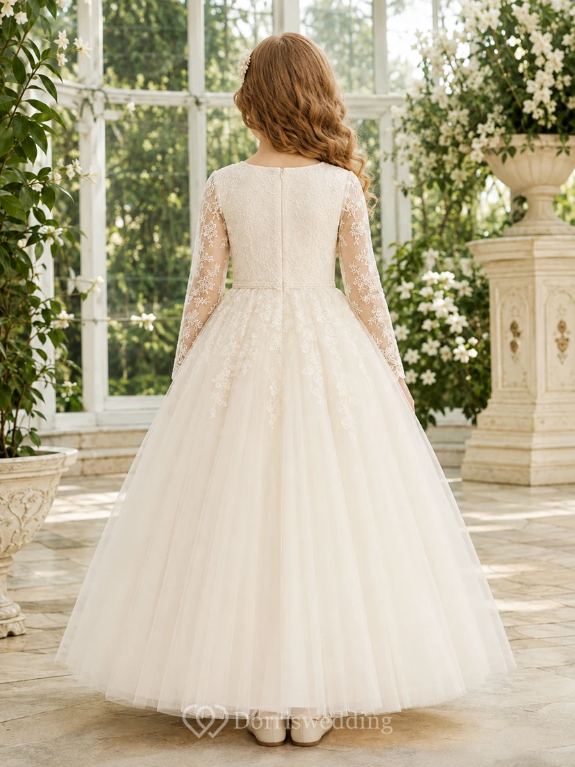Modest Long Sleeve Lace Ankle-Length Ball Gown Flower Girl Garden Wedding Tulle Dress view 2