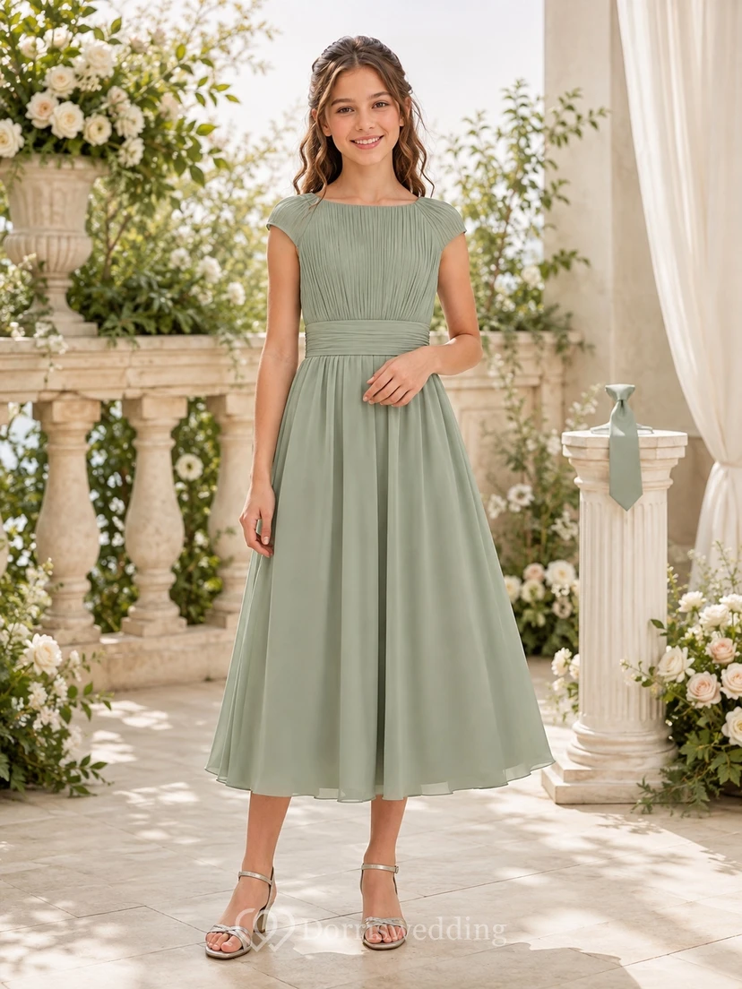 Elegantes, hellgrünes Brautjungfernkleid für junge Damen in A-Linie mit Schmucksteinen, kurzen Ärmeln und Falten.