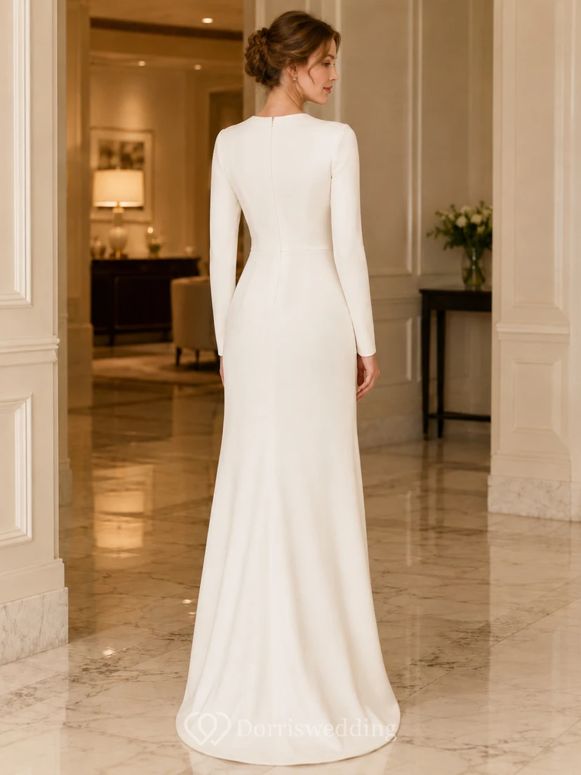 Simple Jewel Neck Long Sleeve Satin Sheath Floor Length Modest Wedding Dress view 2