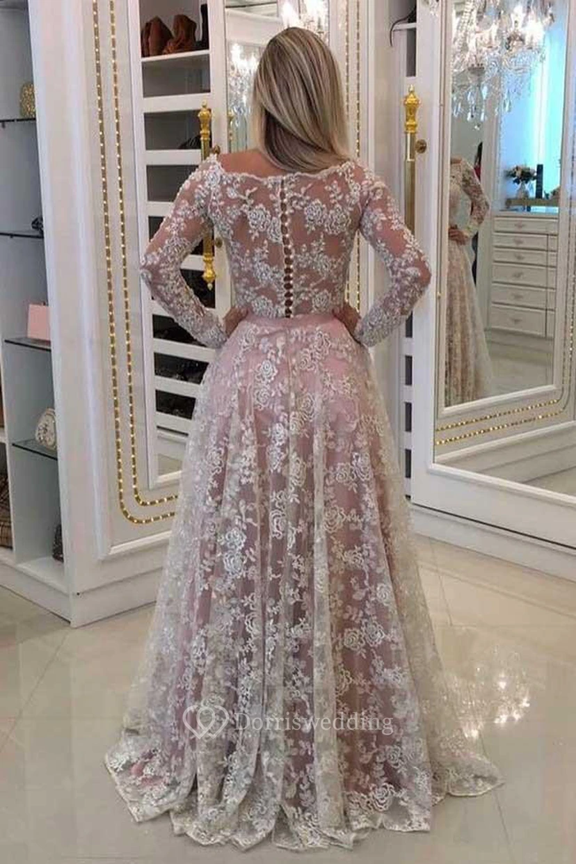 A-Line Lace Off-the-shoulder Long Sleeve Button Dress view 2