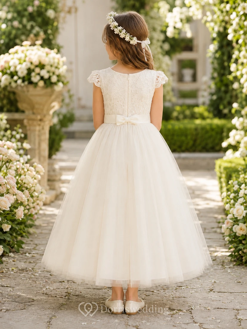 Flower Girl Dress Ivory Lace Tulle A-Line Jewel Neck Tea Length view 2
