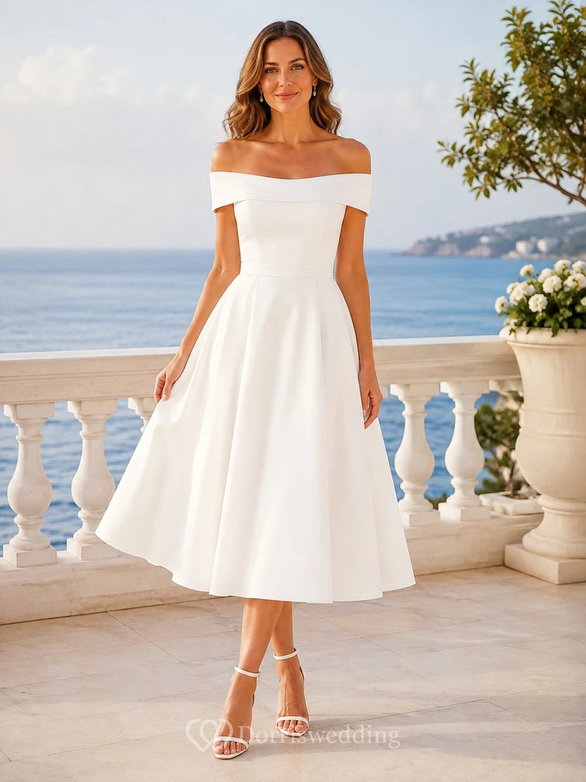 White Chiffon Off-the-Shoulder Short-Sleeve Romantic Tea-Length Formal Dress