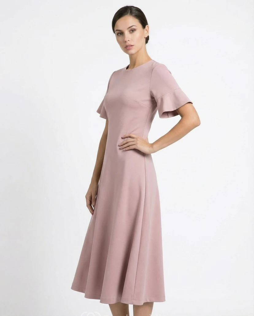 High Neck Jersey A-Line Dress with Bell Sleeves view 4