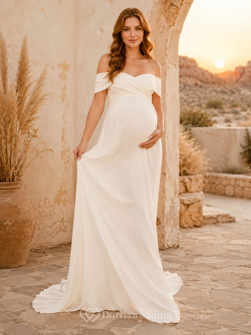 Maternity Wedding Dress Off Shoulder Draped Simple Bridal Gown with Soft Train