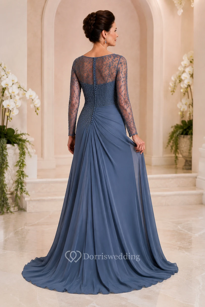 MOB-Kleid, stahlblau, Chiffon, Spitze, A-Linie, lange Ärmel, U-Boot-Ausschnitt, bodenlang, drapiert view 2