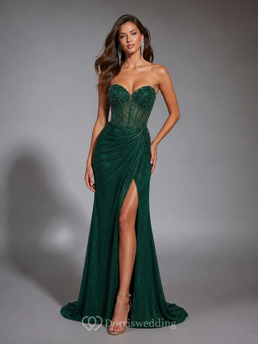 Robe de bal sirène vert foncé sans bretelles à paillettes avec fente