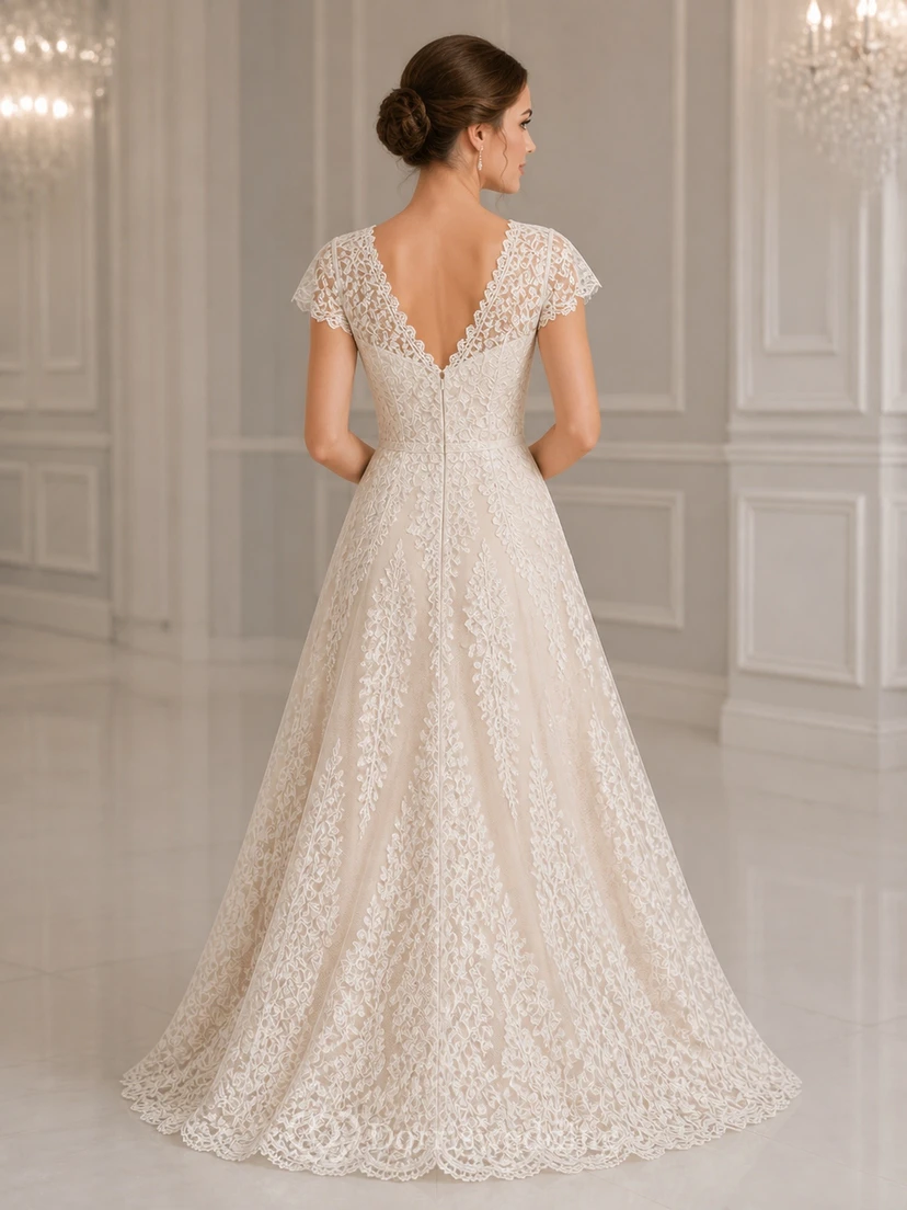 Vestido de novia de gala vintage de talla grande con escote en V, encaje y mangas cortas view 2