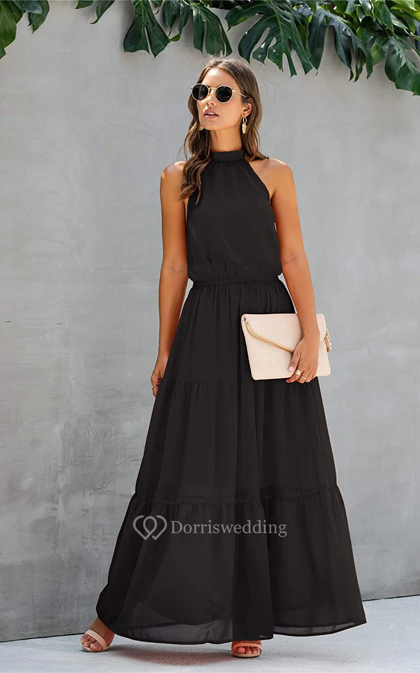 Simple Chiffon Halter A Line Sleeveless Prom Formal Dress With Ruffles view 5
