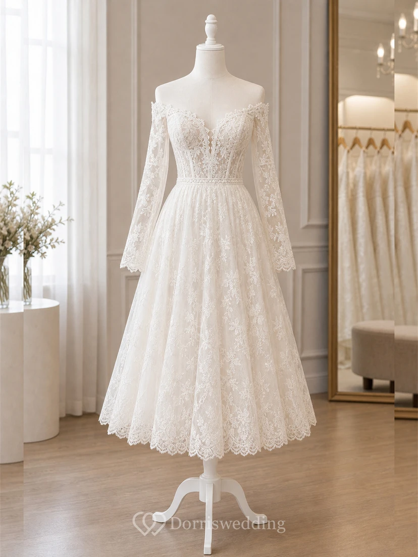 Boho-Brautkleid in Teelänge mit schulterfreiem Ausschnitt, langen Spitzenärmeln und voluminösem, floralem Spitzen-Midirock view 7