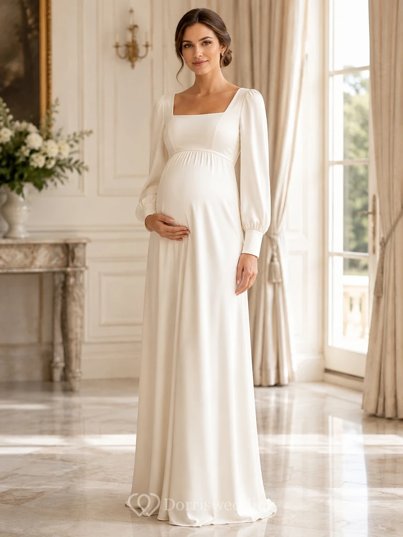 Cream Maternity Long Puff Sleeve Square Neck Satin A-Line Floor Length Modest Gown