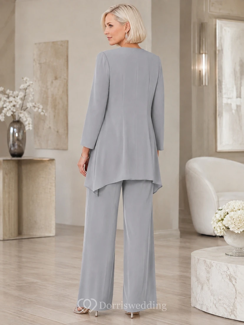 Stahlgraues, schlichtes Chiffon-Langarmkleid für Mütter, zweiteilig view 2