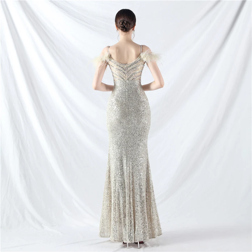 Elegantes Abendkleid mit Straußenfedern und Perlen, sexy, lang, mit Trägern und Schlitz view 25